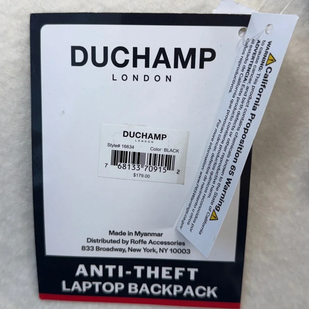 Duchamp London Anti-Theft Laptop Backpack Black 15.6 Inch Travel‎ Bag 16634 NEW